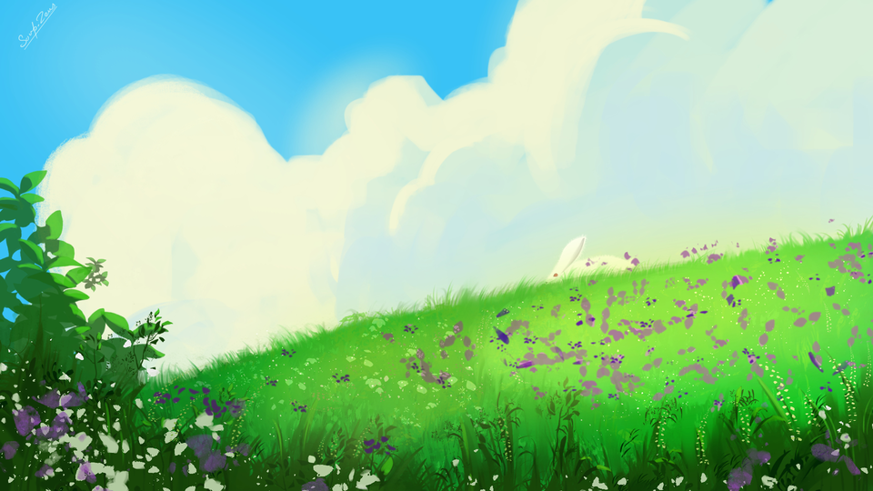 A sunlit green meadow filled with small purple flowers