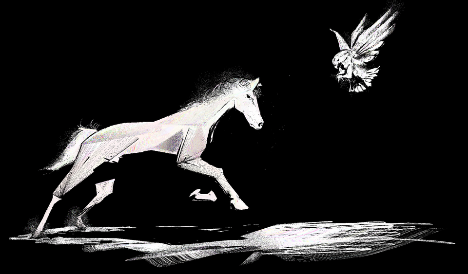 A running white horse and a bird against a black background