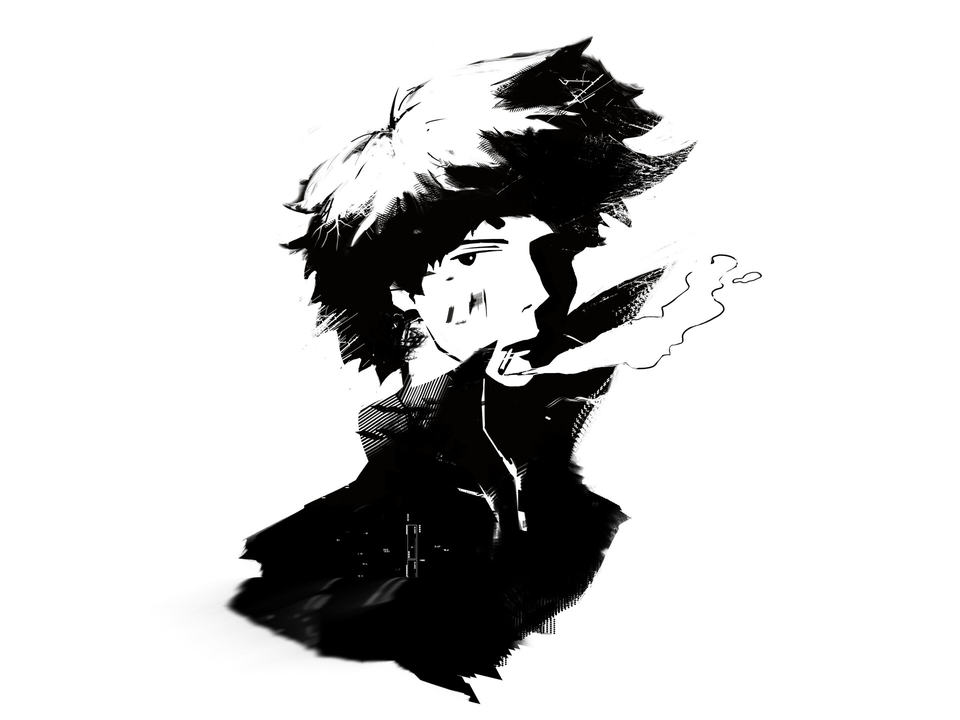 A black-and-white ink illustration of an anime character