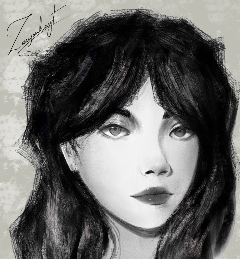 A monochrome portrait of a woman with dark hair