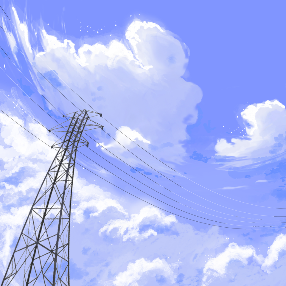 An electricity pylon and wires beneath a cloud-filled blue sky