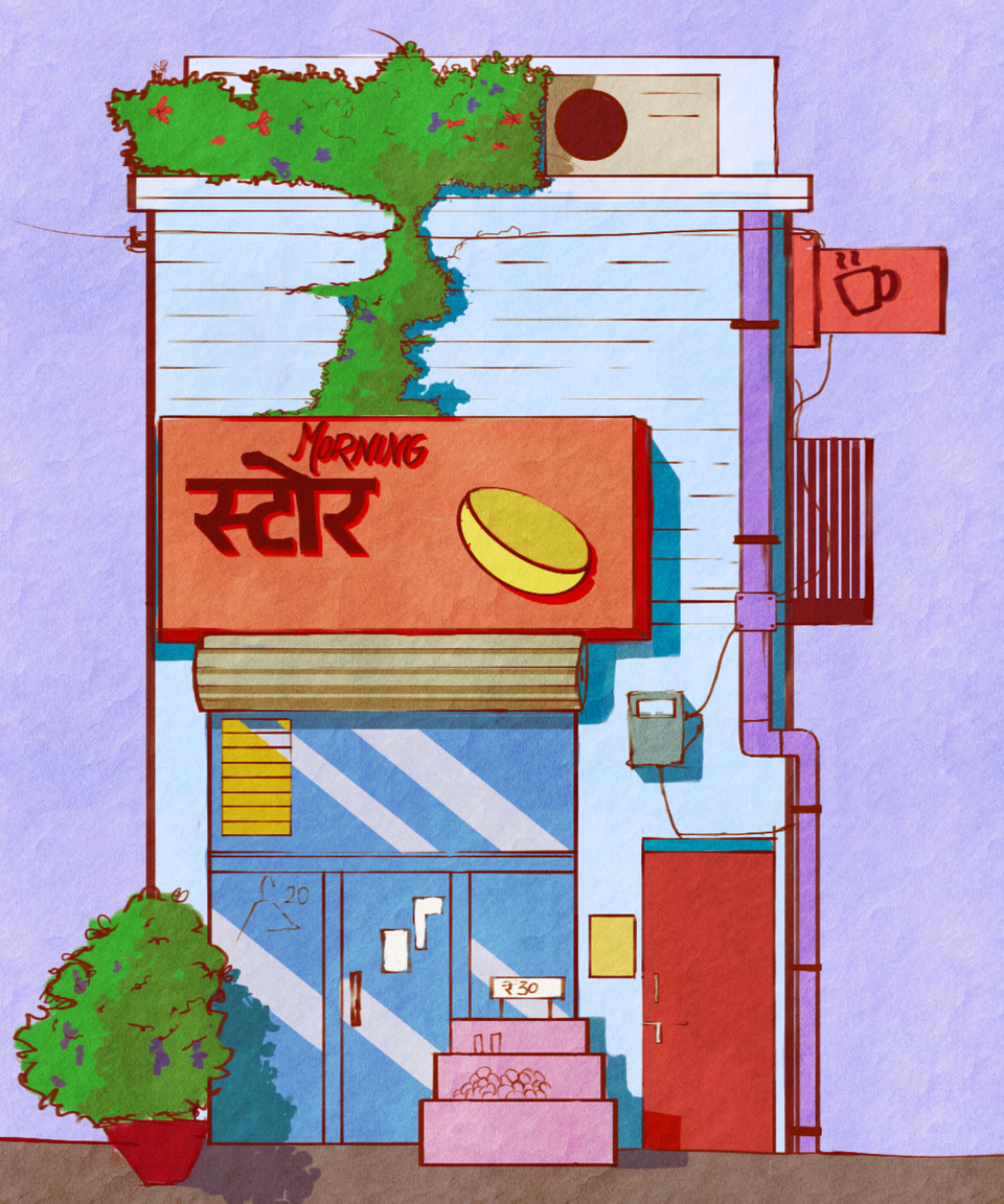 A colorful illustrated storefront with an orange sign, plants, and purple walls